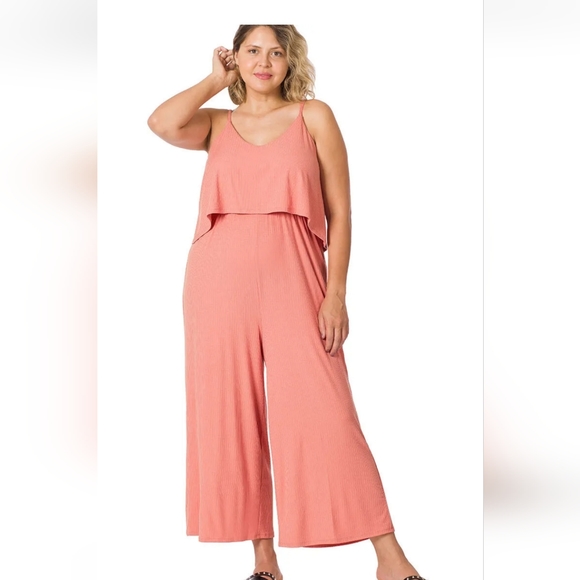 Zenana Outfitters Pants - Zenana boutique Coral Ribbed Double Layer Jumpsuit 2x womens spring spaghetti